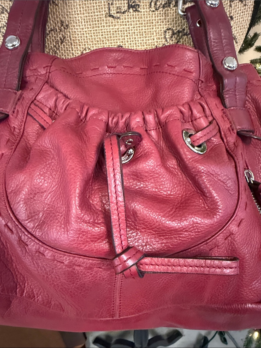 Makowsky Red Leather Hobo Shoulder Bag Slouchy Drawstick Satchel EVC